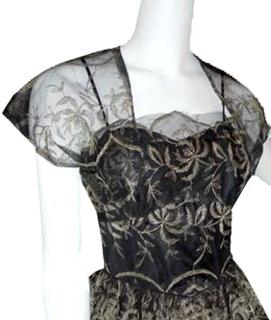 1950s Tulle Vintage Dress with Gold Embroidery SOLD