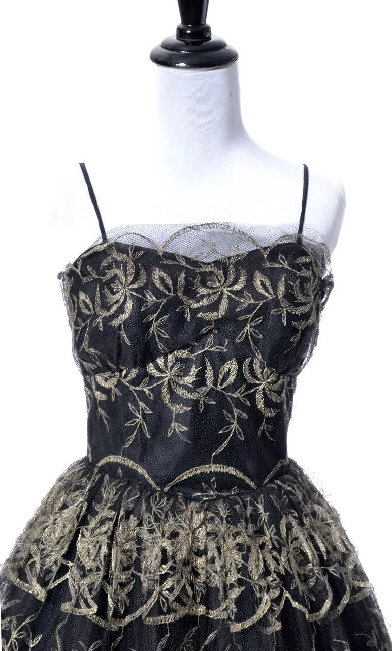 1950s Tulle Vintage Dress with Gold Embroidery SOLD