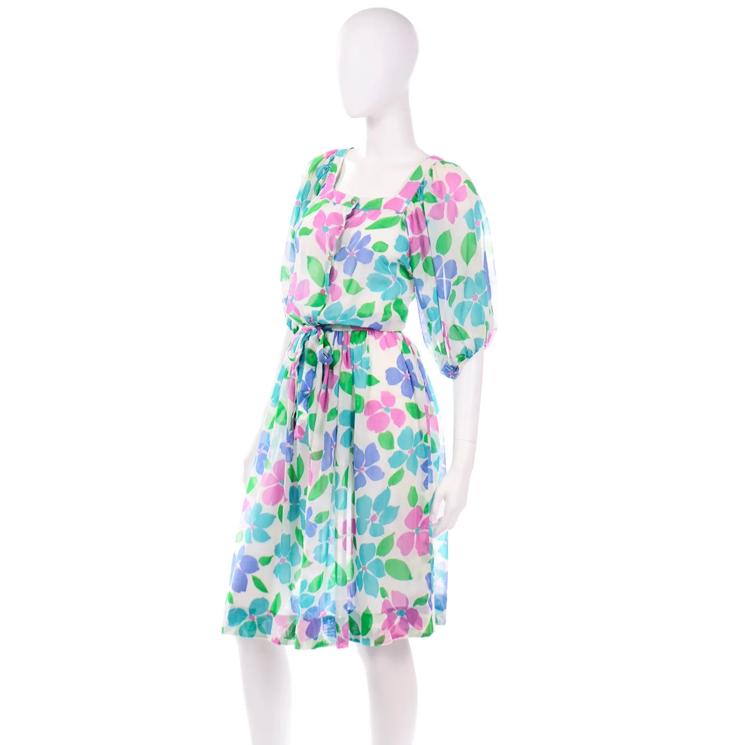 1980s Albert Nipon Vintage Pink Blue and Green Floral Semi Sheer Dress