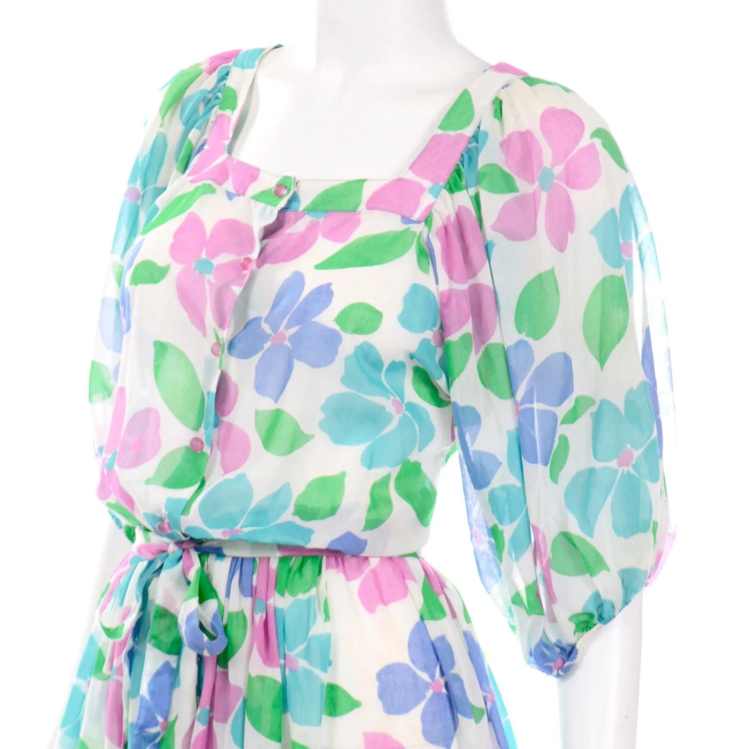 1980s Albert Nipon Vintage Pink Blue and Green Floral Semi Sheer Dress