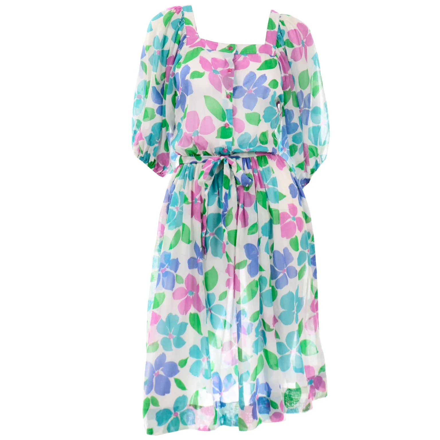 1980s Albert Nipon Vintage Pink Blue and Green Floral Semi Sheer Dress