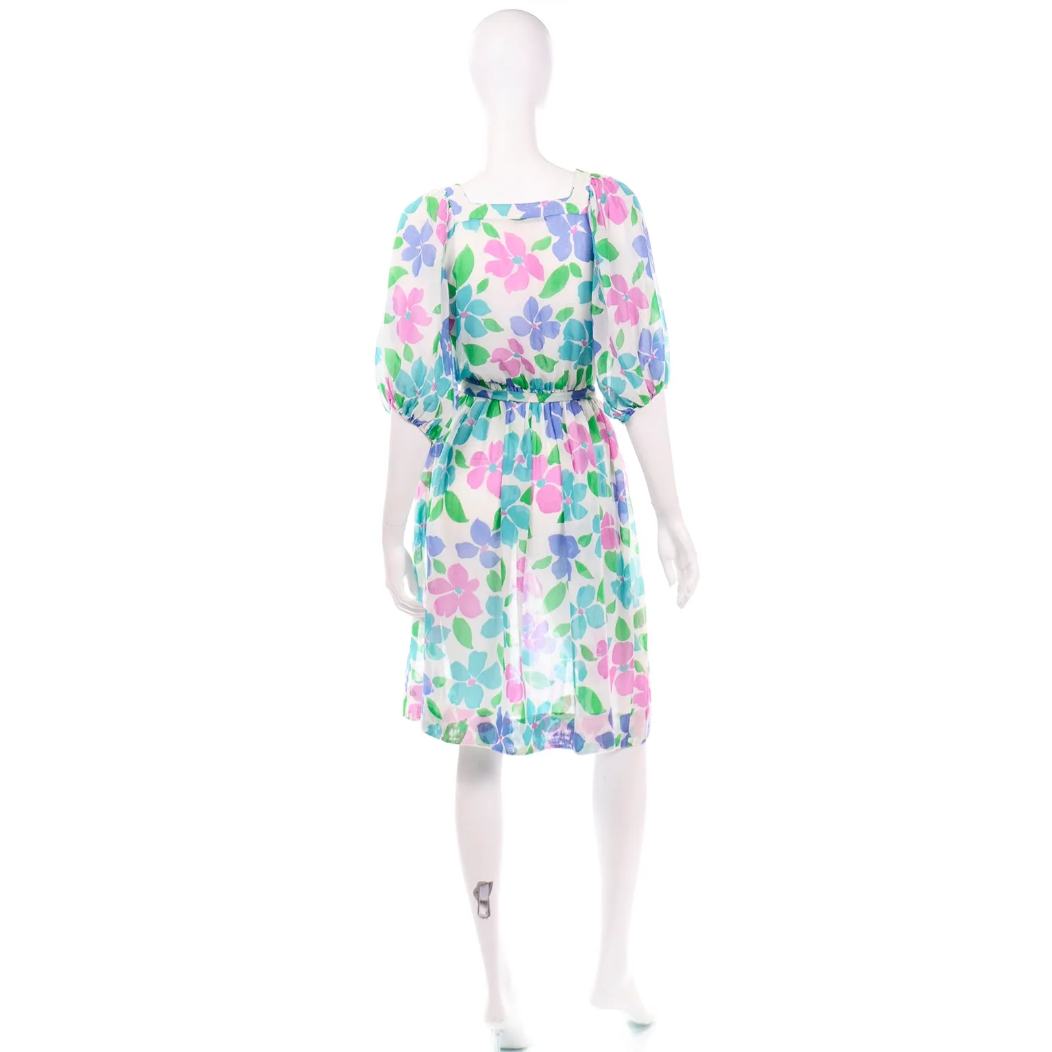 1980s Albert Nipon Vintage Pink Blue and Green Floral Semi Sheer Dress