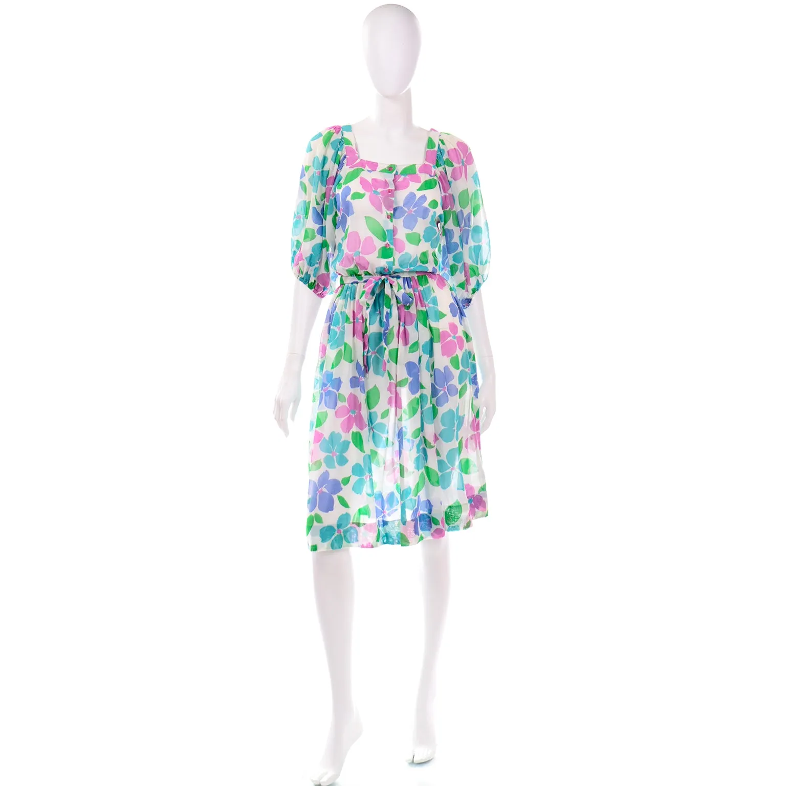 1980s Albert Nipon Vintage Pink Blue and Green Floral Semi Sheer Dress