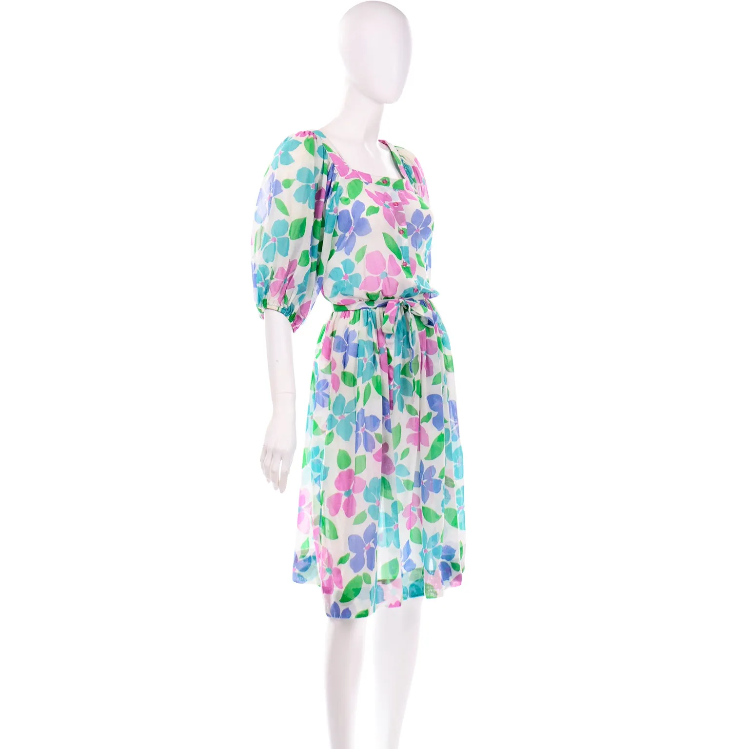 1980s Albert Nipon Vintage Pink Blue and Green Floral Semi Sheer Dress