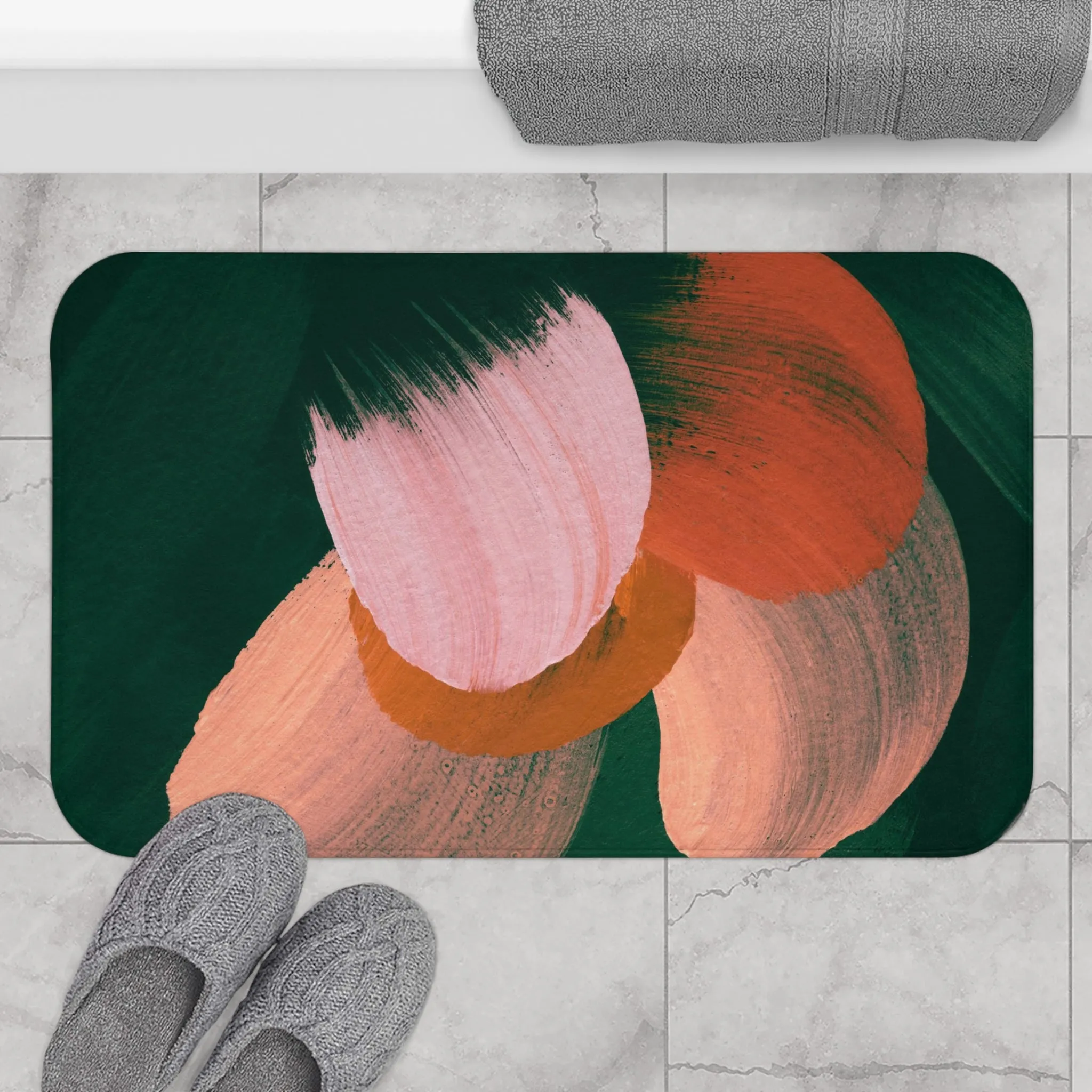 Abstract Bath Mat, Kitchen Mat | Forest Hunger Green, Pink Beige Mat