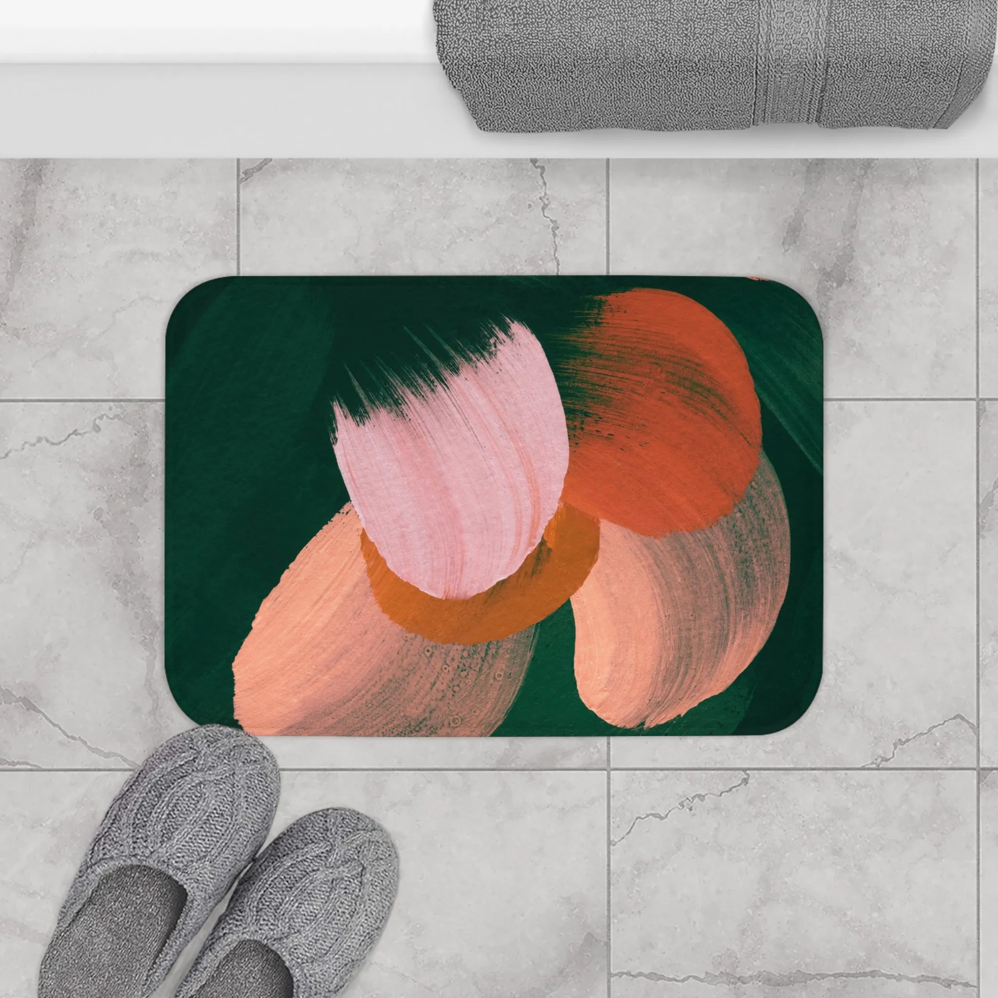 Abstract Bath Mat, Kitchen Mat | Forest Hunger Green, Pink Beige Mat