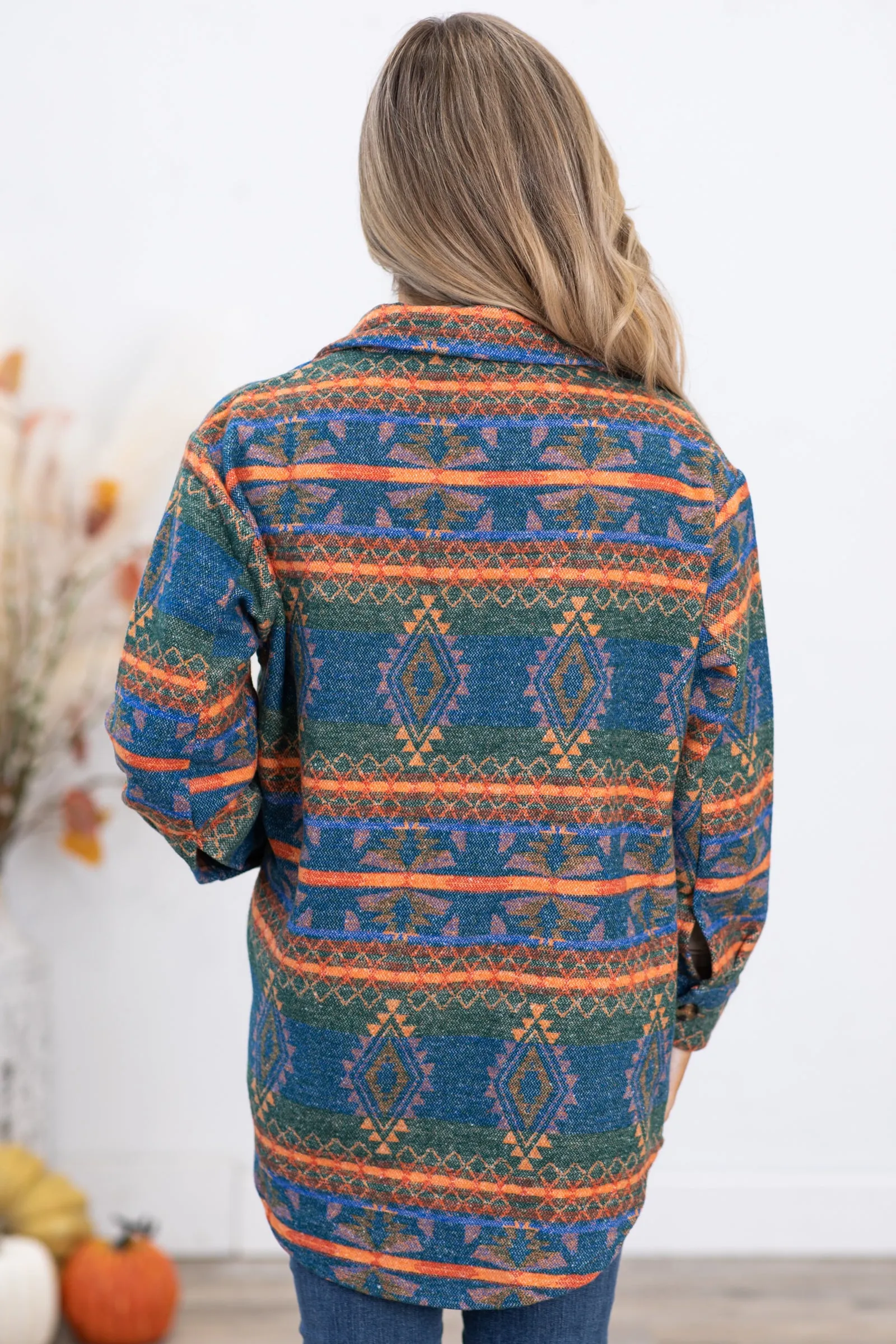 Blue and Neon Orange Aztec Print Shacket