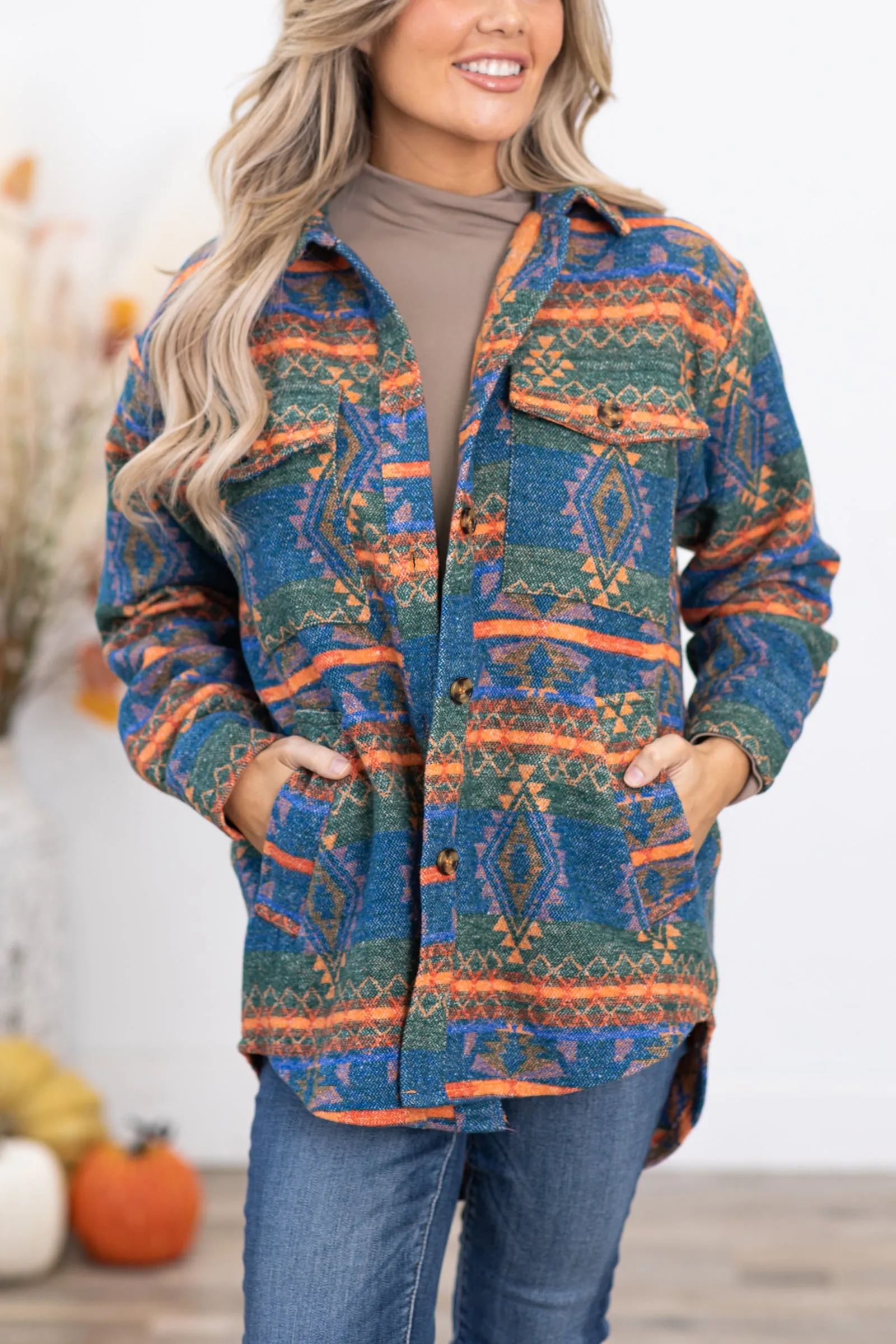 Blue and Neon Orange Aztec Print Shacket