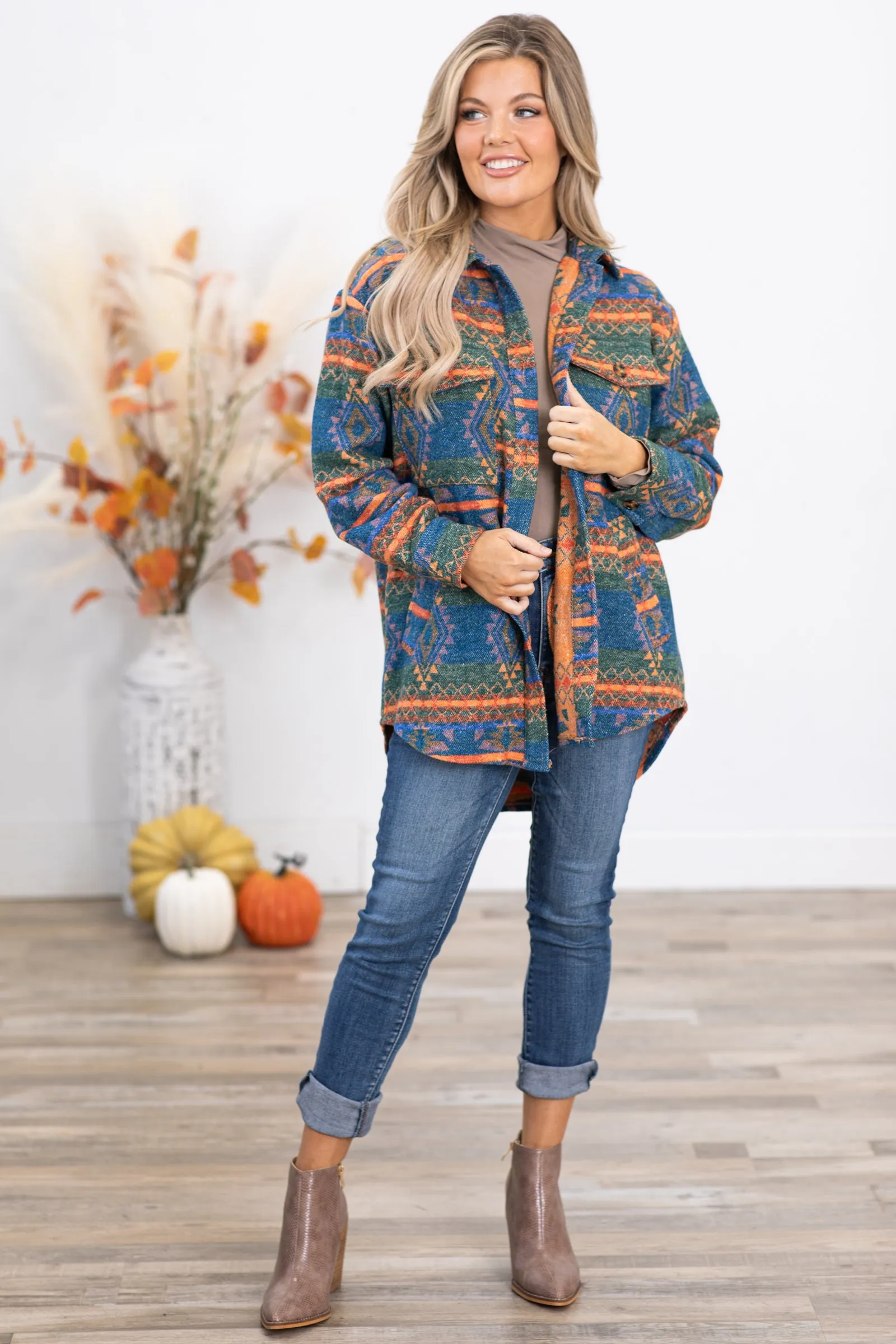 Blue and Neon Orange Aztec Print Shacket