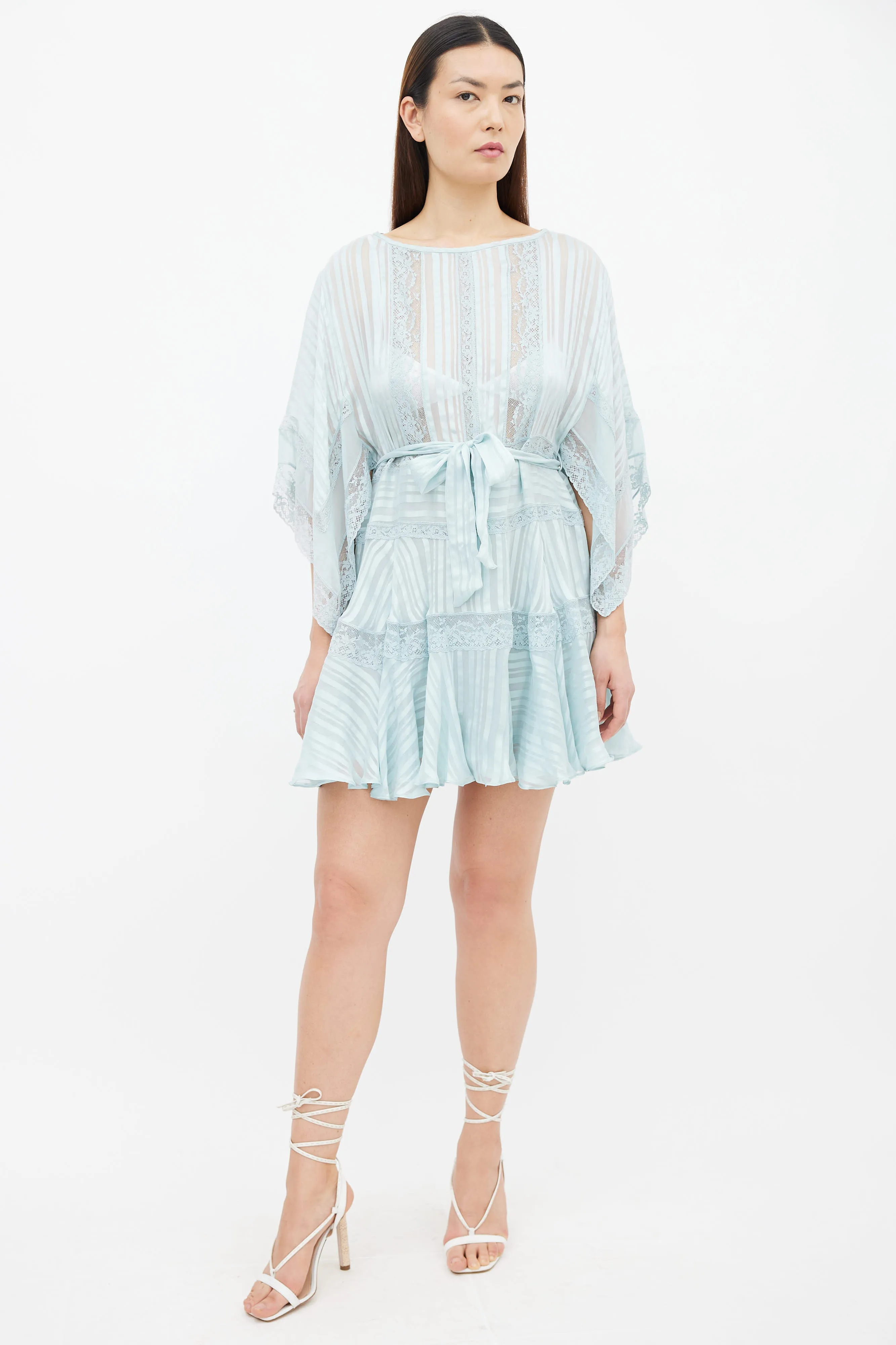 Blue Sheer Lace Belted Short Dress