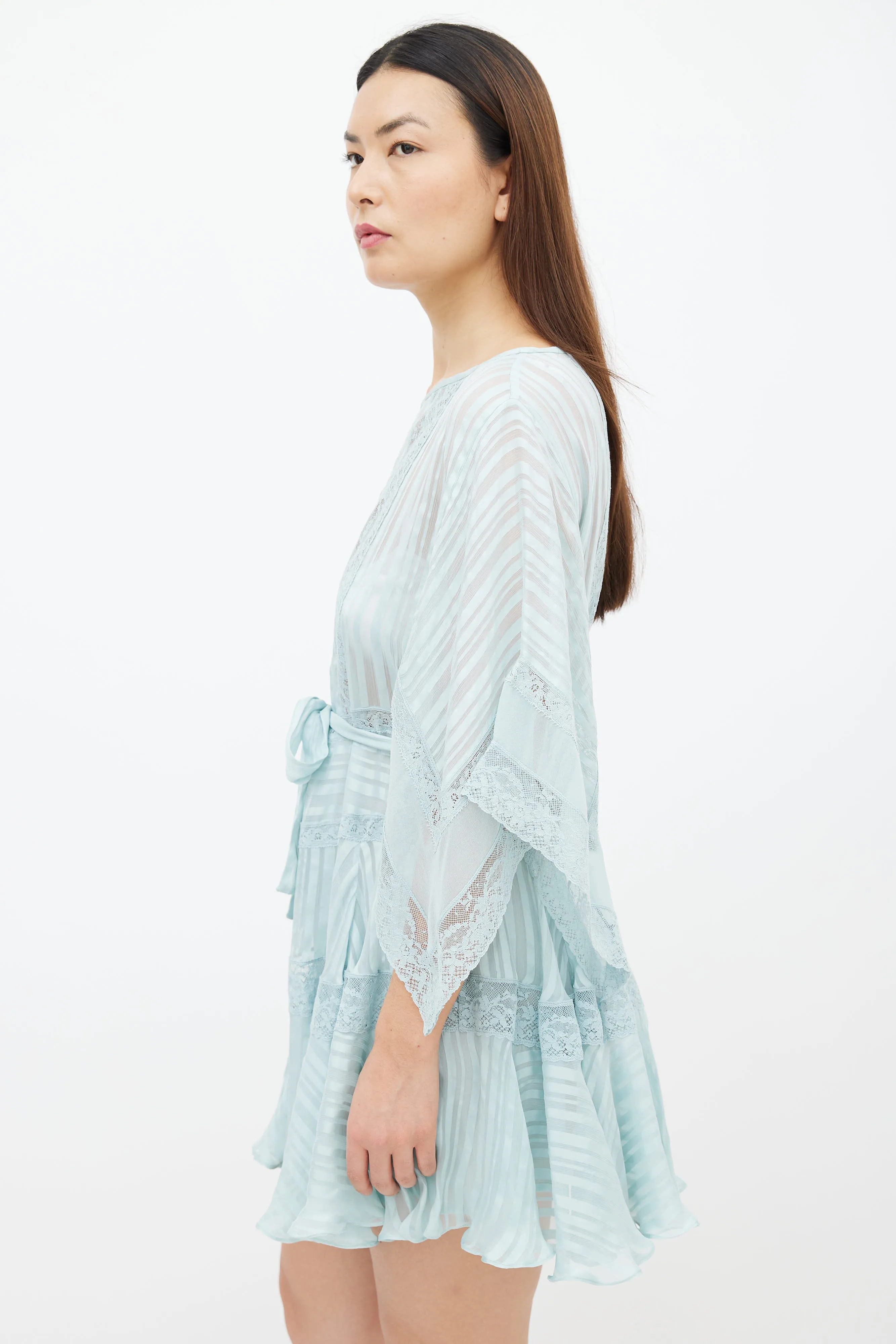 Blue Sheer Lace Belted Short Dress