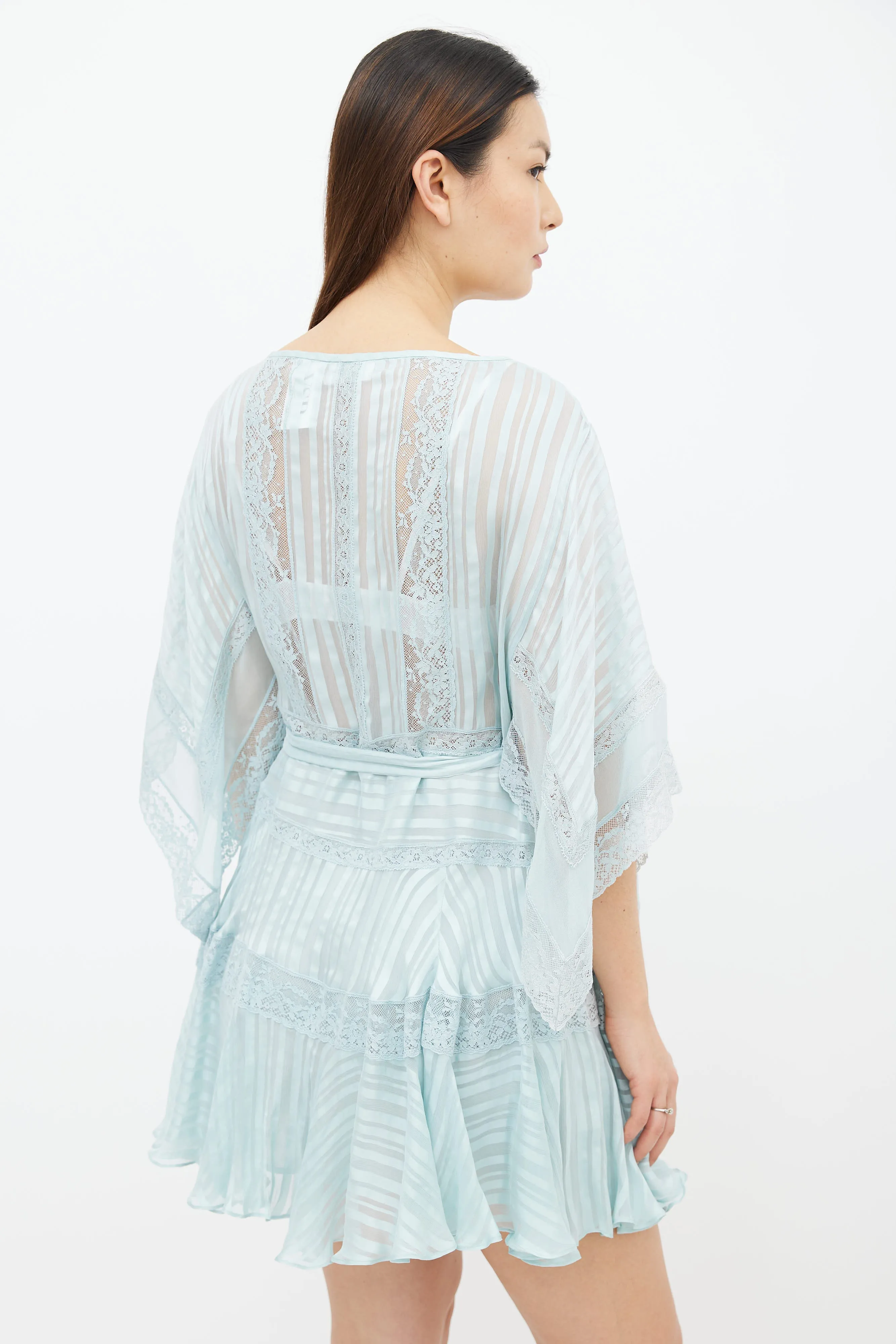 Blue Sheer Lace Belted Short Dress