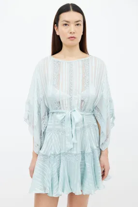 Blue Sheer Lace Belted Short Dress