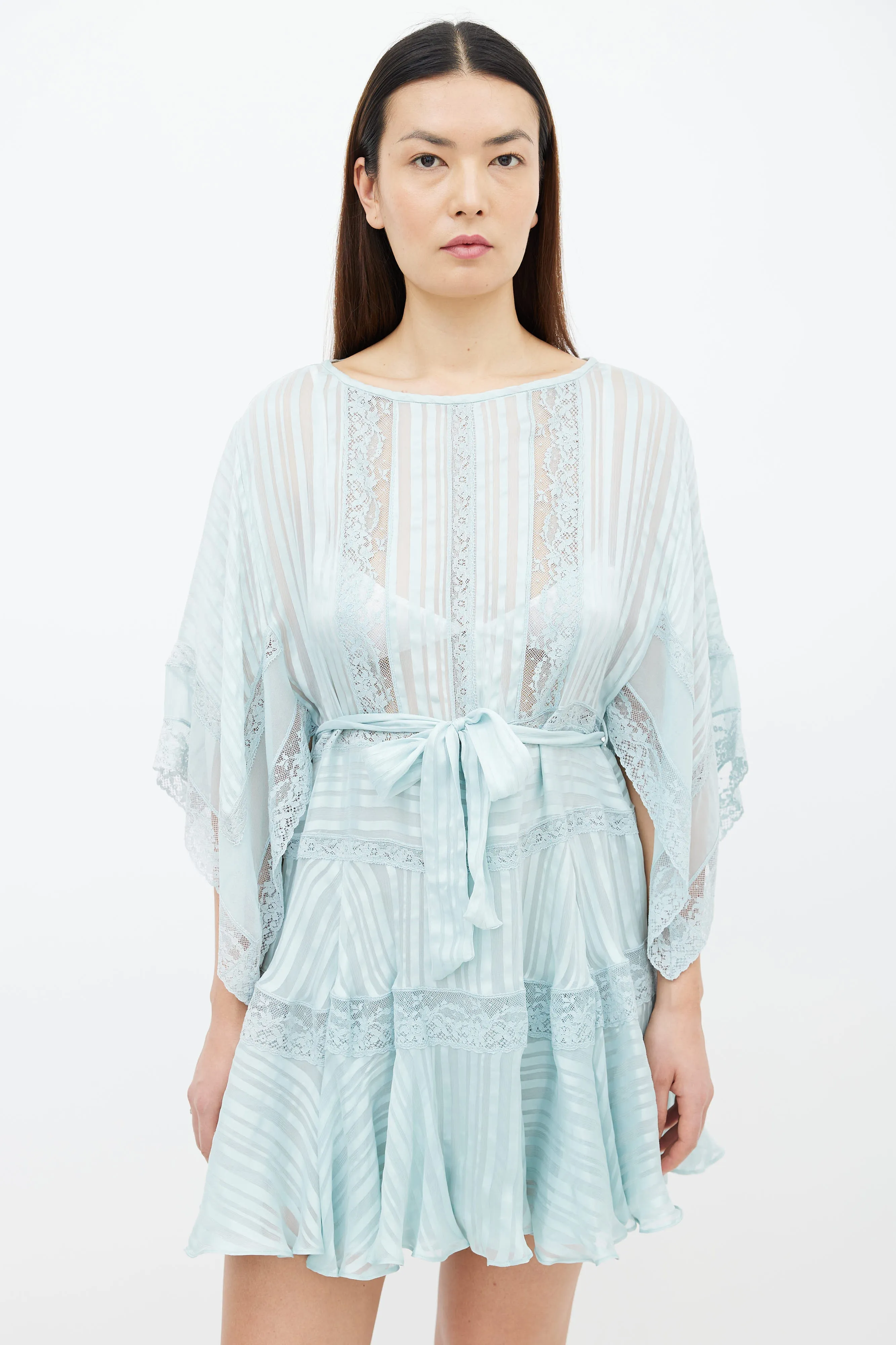 Blue Sheer Lace Belted Short Dress