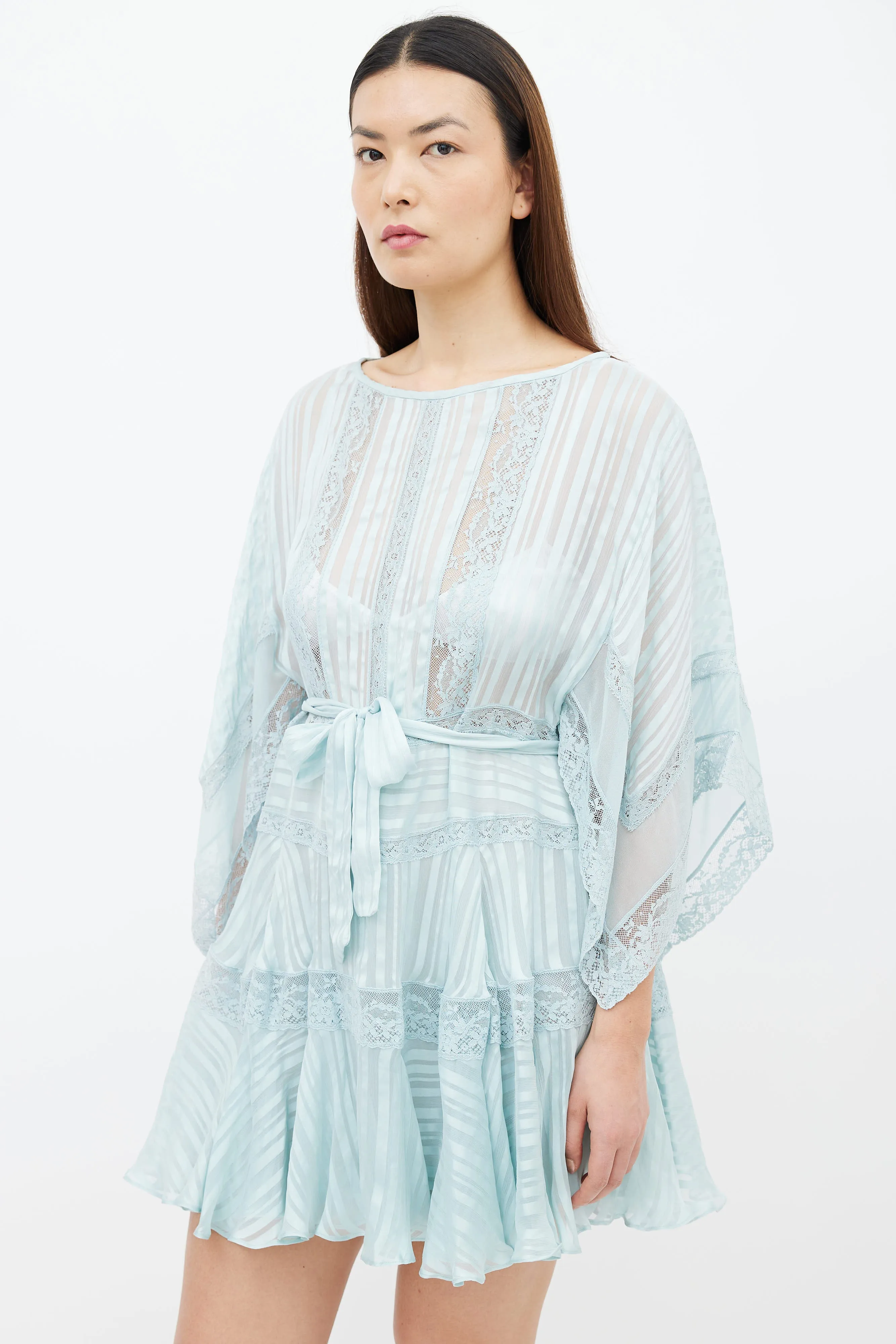 Blue Sheer Lace Belted Short Dress