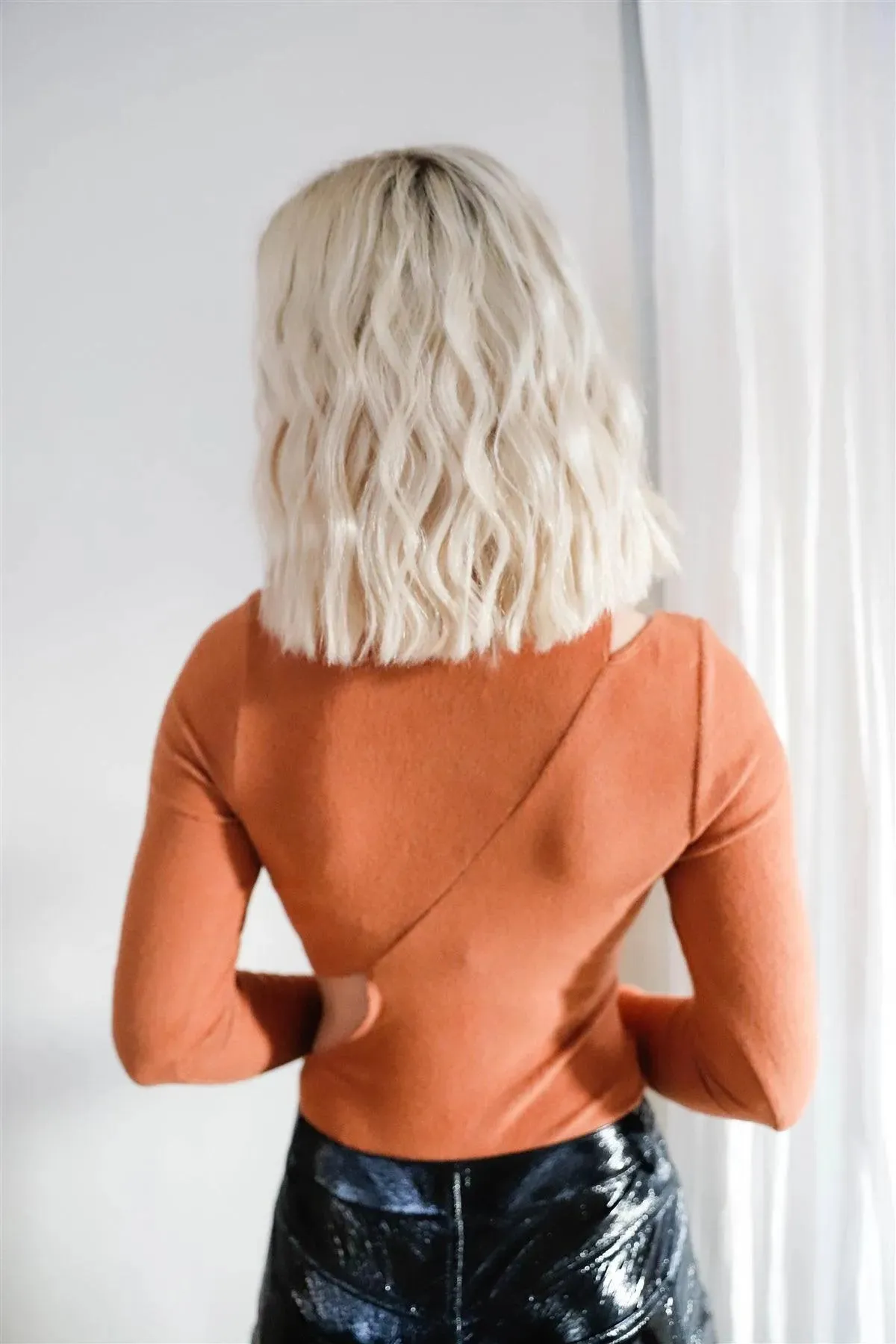 Brick Flannel Cut-Out Detail Mock Neck Bodysuit /3-2-1