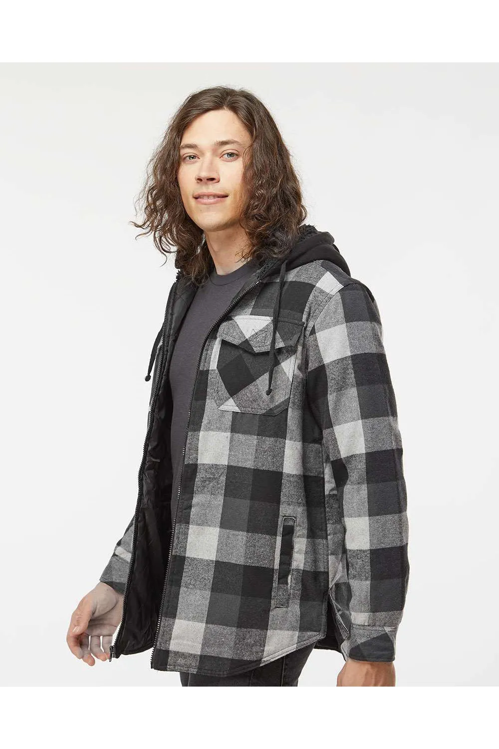 Burnside Mens Quilted Flannel Full Zip Hooded Jacket - Black/Grey