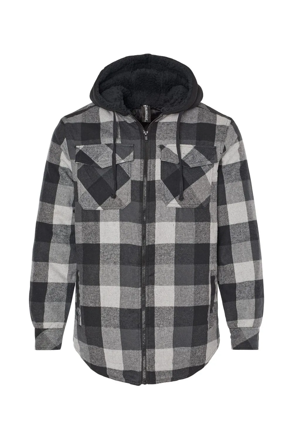 Burnside Mens Quilted Flannel Full Zip Hooded Jacket - Black/Grey