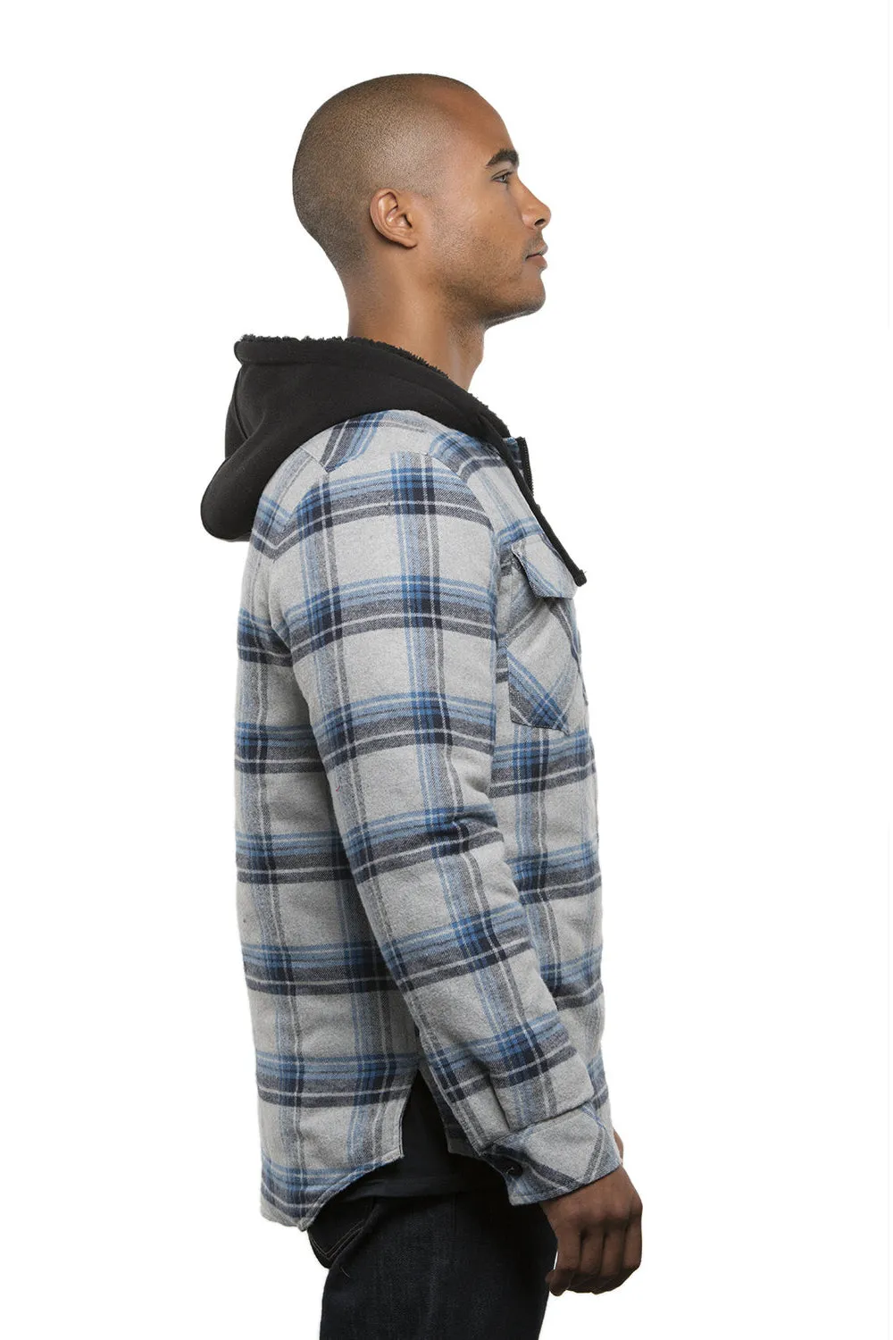 Burnside Mens Quilted Flannel Full Zip Hooded Jacket - Grey/Blue