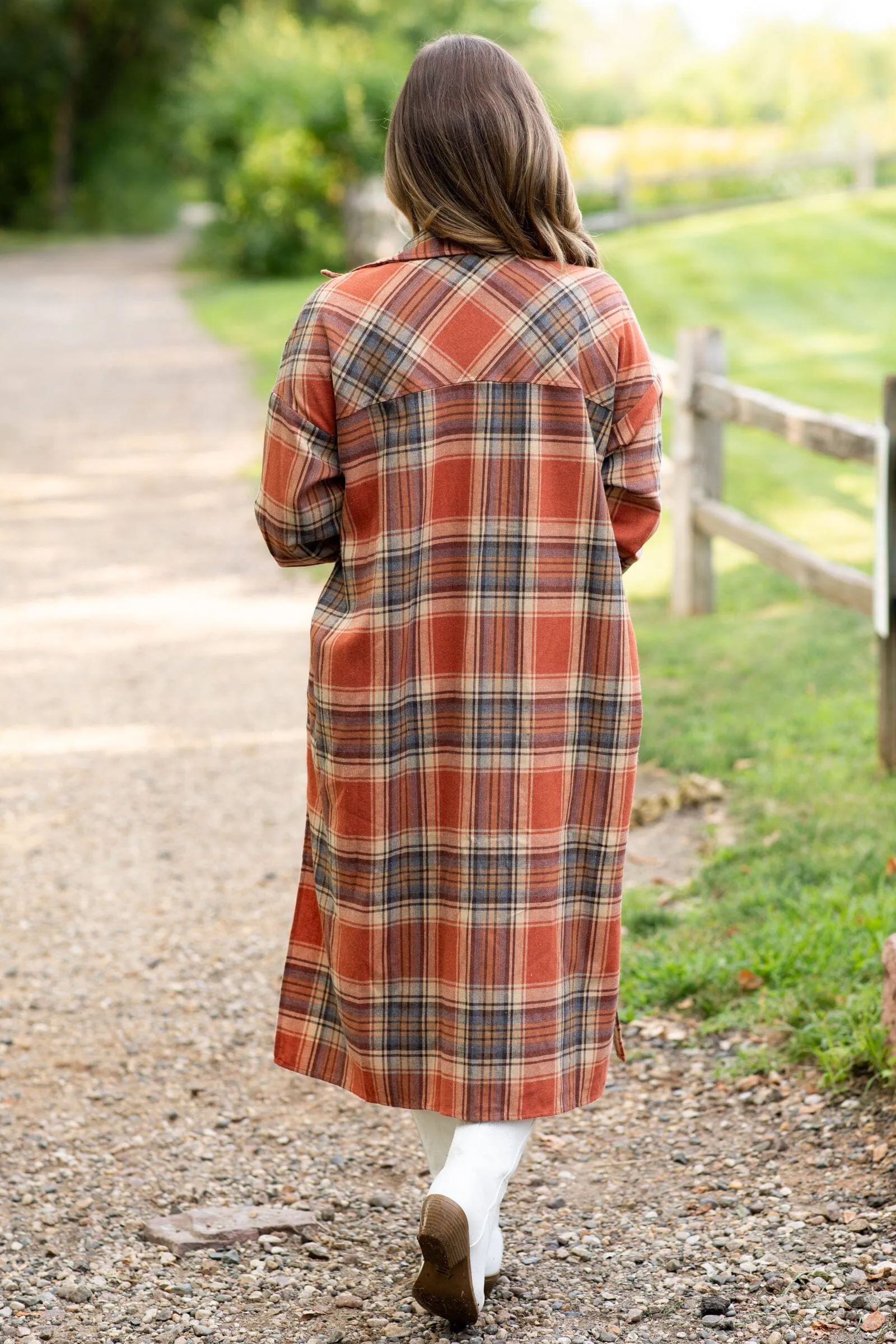 Burnt Orange and Tan Plaid Long Shacket