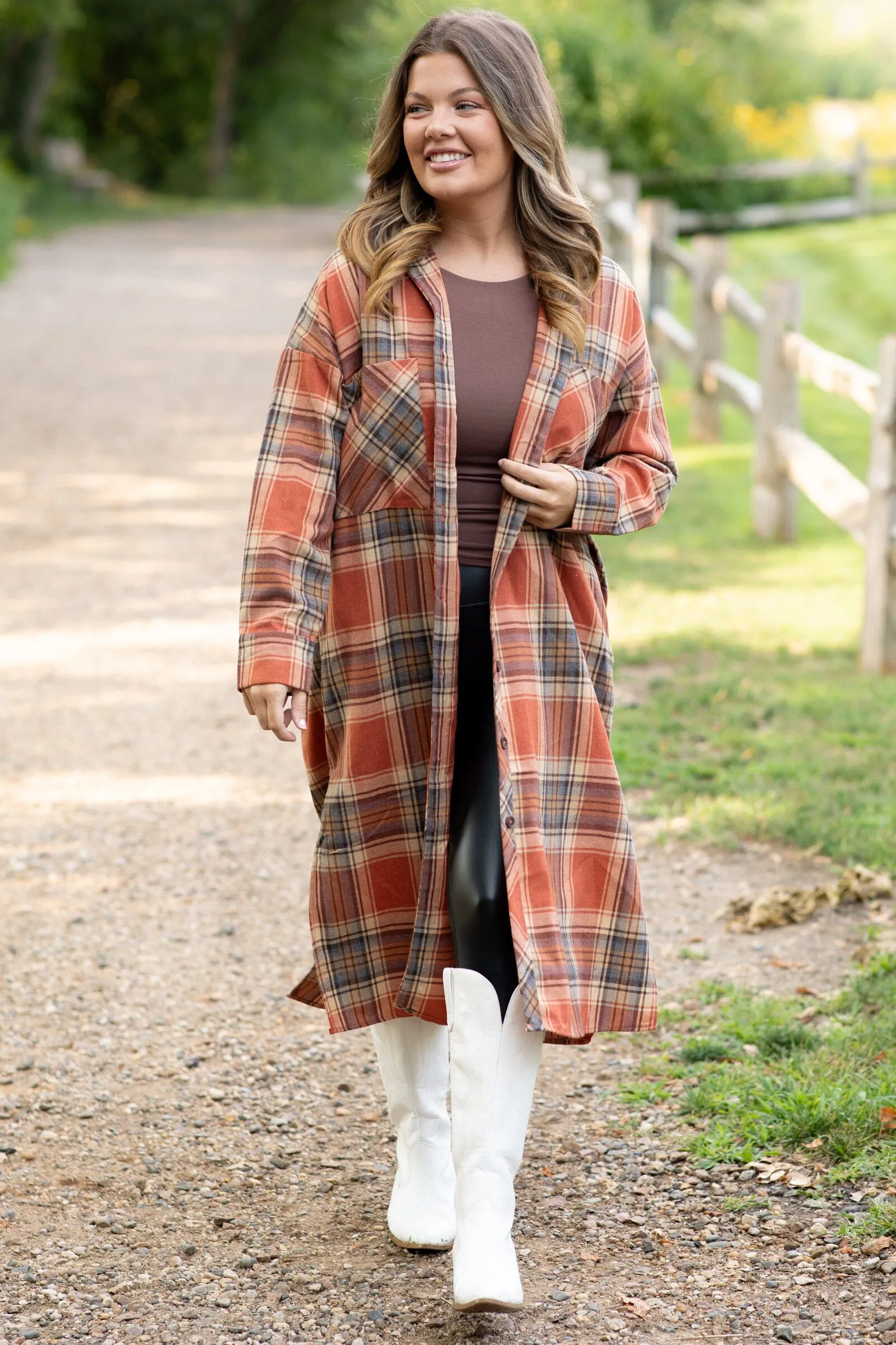 Burnt Orange and Tan Plaid Long Shacket