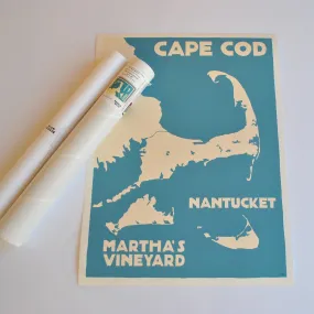 Cape Cod, Martha's Vineyard, Nantucket Map Art Print 18" x 24" Travel Poster By Alan Claude - Massachusetts
