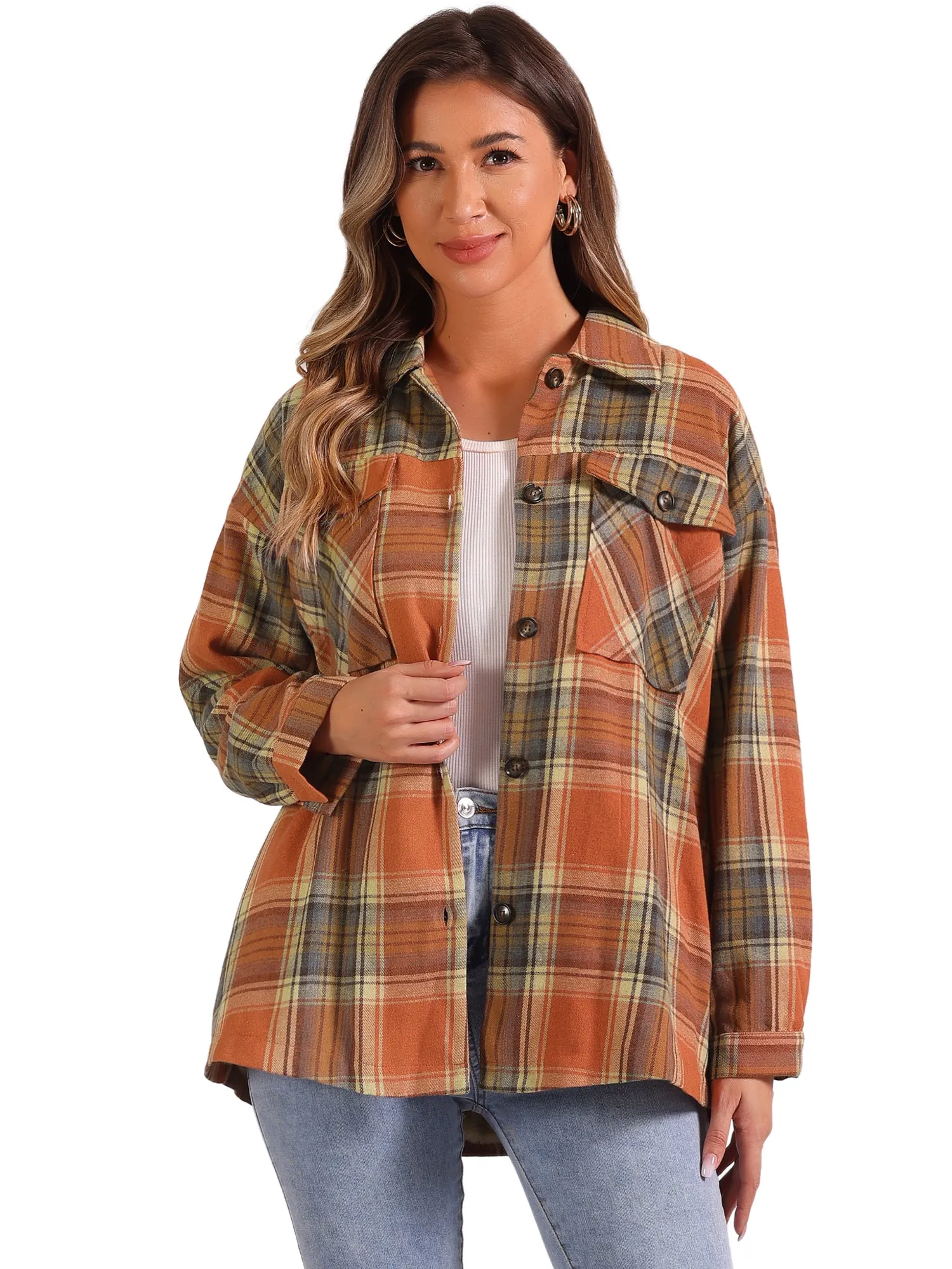 Casual Drop Shoulder Loose Plaid Shacket Shirt