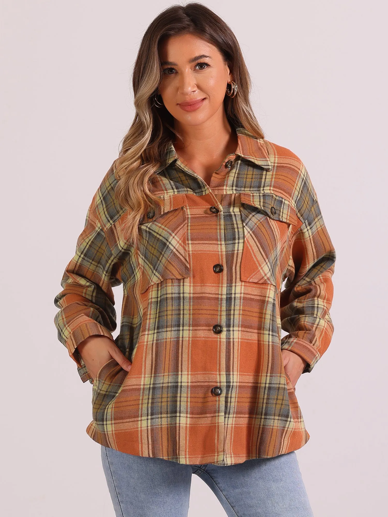 Casual Drop Shoulder Loose Plaid Shacket Shirt