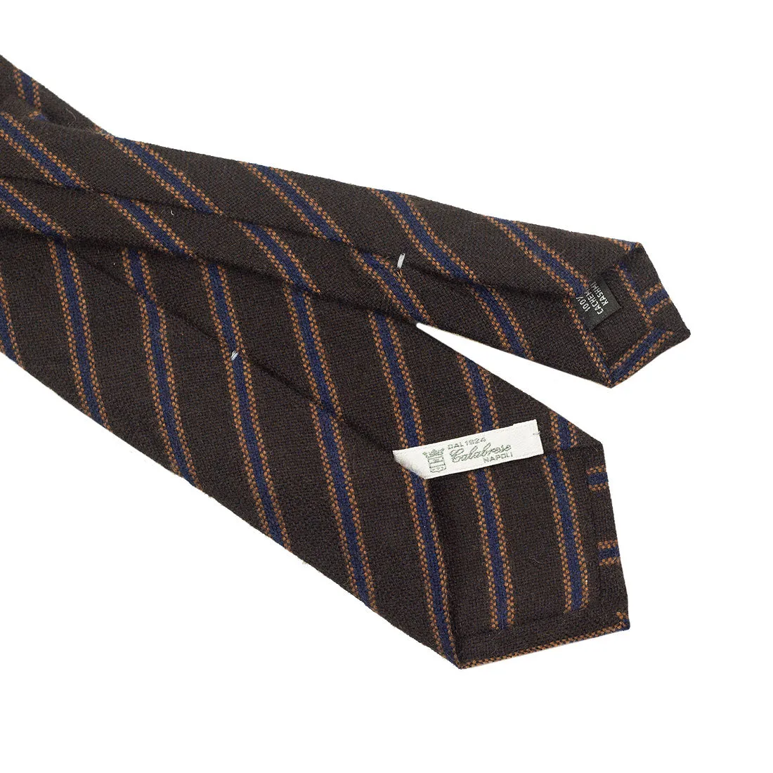 Chocolate brown pure cashmere tie, blue & caramel stripes