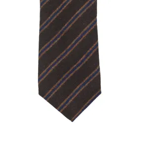 Chocolate brown pure cashmere tie, blue & caramel stripes