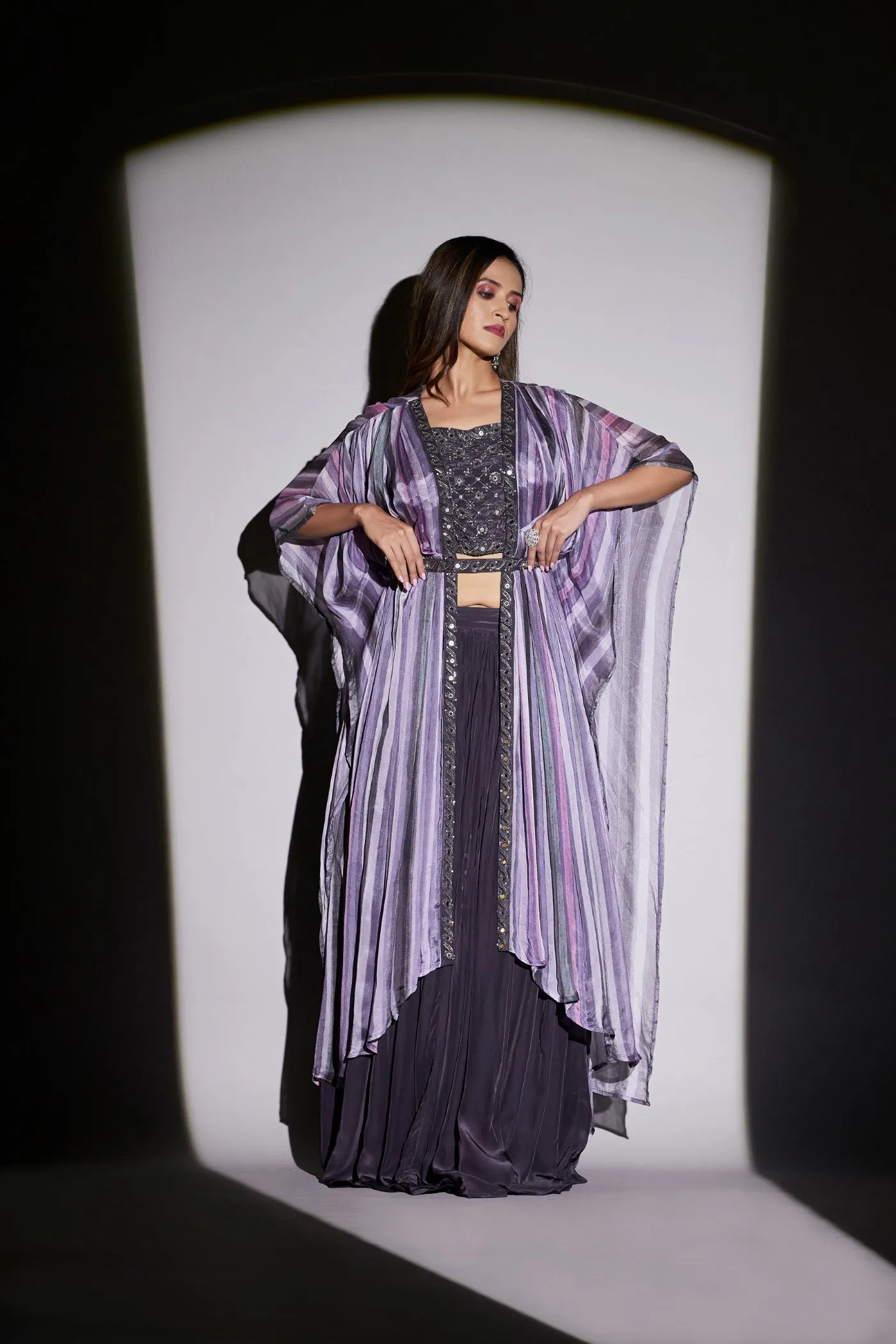 Deep Purple Pure Chinnon Plazzo Set with Cape