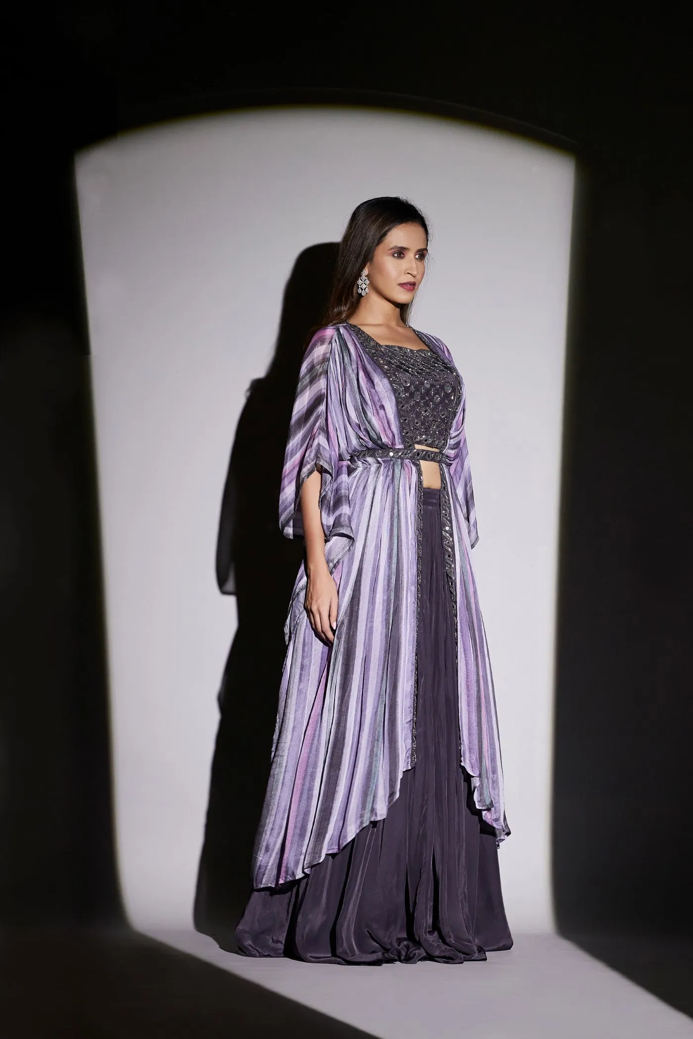 Deep Purple Pure Chinnon Plazzo Set with Cape