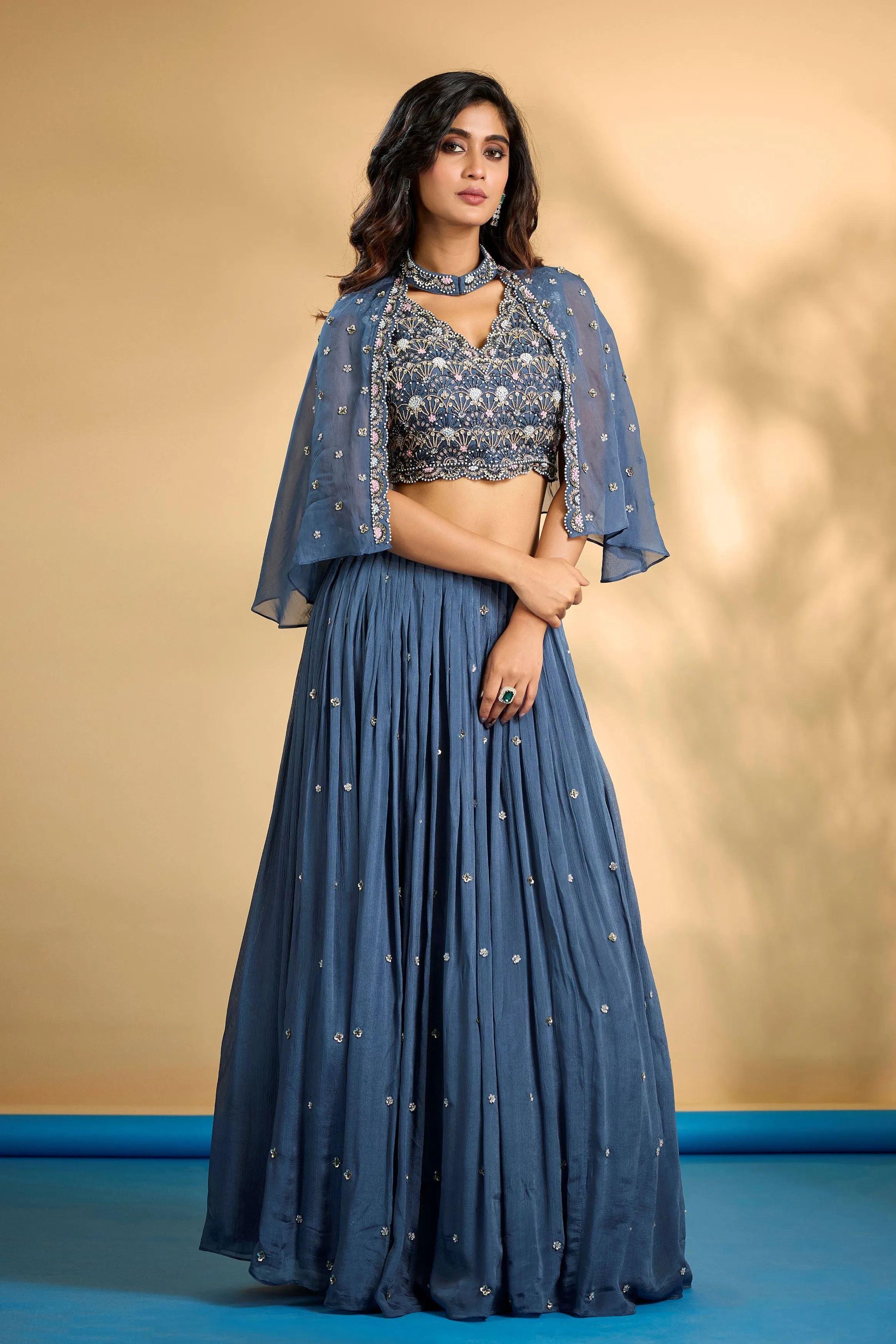 Deep Teal Embellished Chinon Silk Cape-Skirt Set
