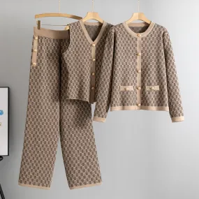 GBOLSOS 2025 retro jacquard suit women's Xiaoxiangfeng sleeveless knitted vest cardigan jacket wide-leg pants knitted three-piece set