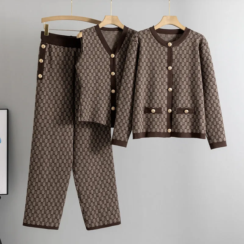 GBOLSOS 2025 retro jacquard suit women's Xiaoxiangfeng sleeveless knitted vest cardigan jacket wide-leg pants knitted three-piece set