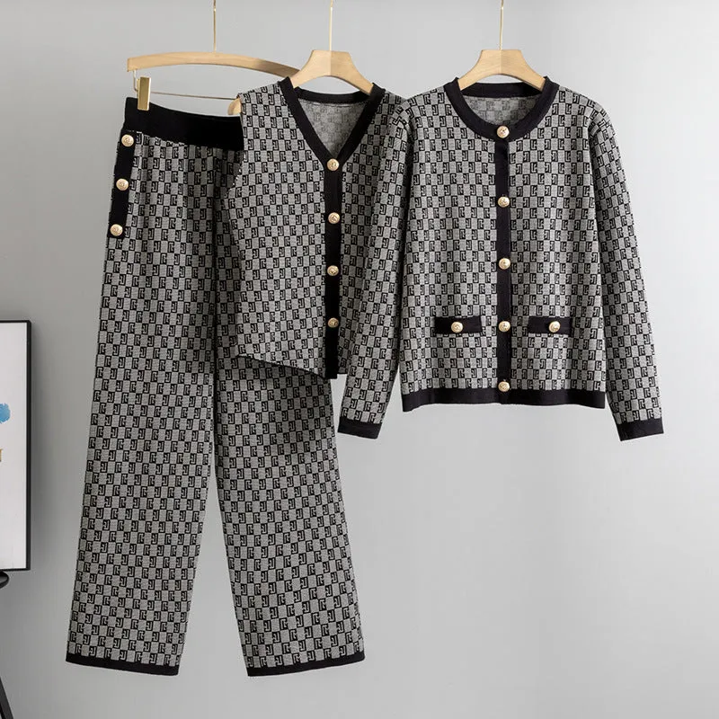GBOLSOS 2025 retro jacquard suit women's Xiaoxiangfeng sleeveless knitted vest cardigan jacket wide-leg pants knitted three-piece set