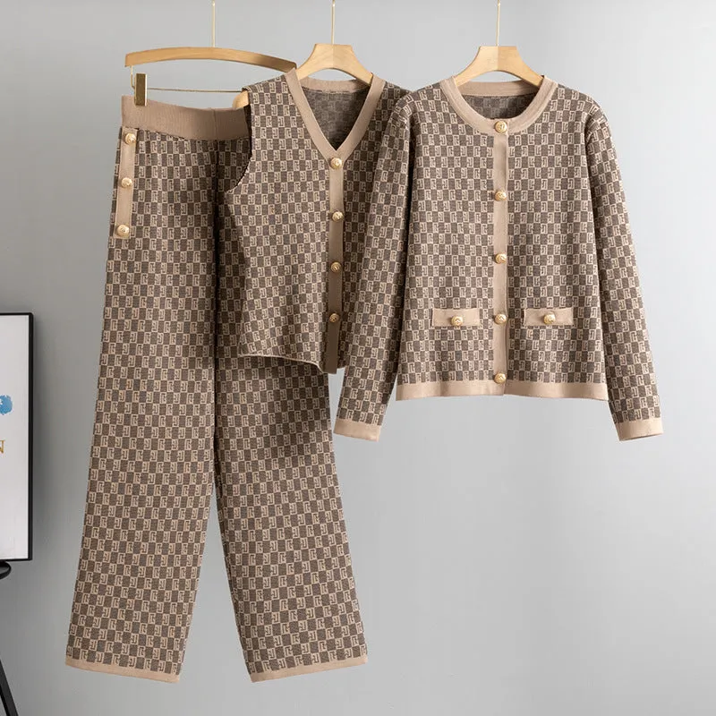 GBOLSOS 2025 retro jacquard suit women's Xiaoxiangfeng sleeveless knitted vest cardigan jacket wide-leg pants knitted three-piece set