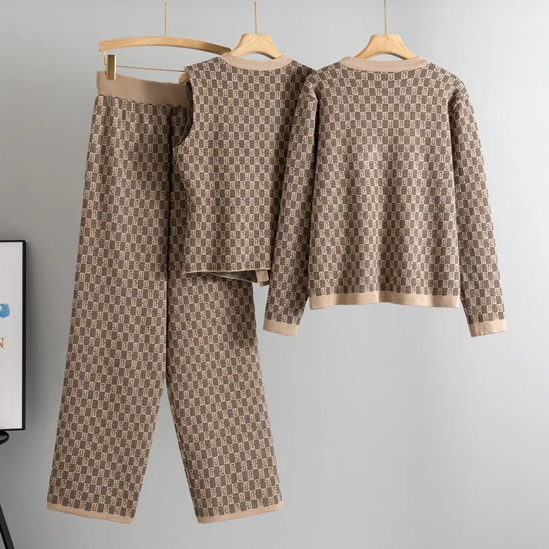 GBOLSOS 2025 retro jacquard suit women's Xiaoxiangfeng sleeveless knitted vest cardigan jacket wide-leg pants knitted three-piece set