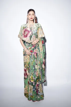 Green Printed Saree With Blouse And Cape