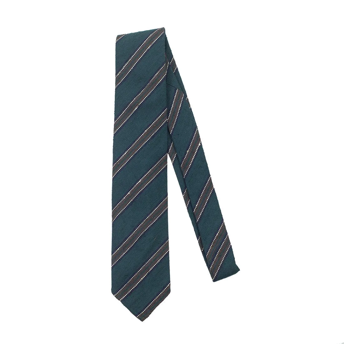 Green Shantung silk tie with brown & navy stripe, hand-rolled