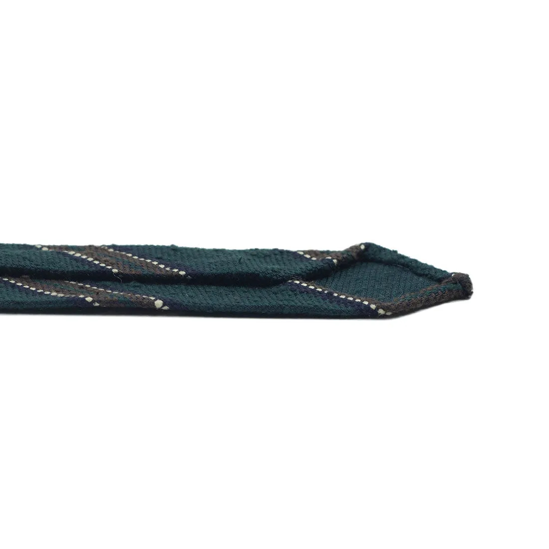 Green Shantung silk tie with brown & navy stripe, hand-rolled