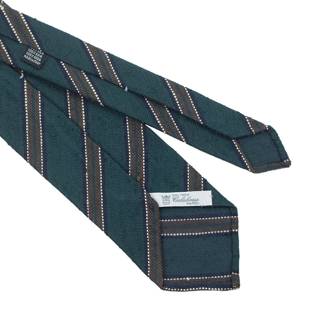 Green Shantung silk tie with brown & navy stripe, hand-rolled