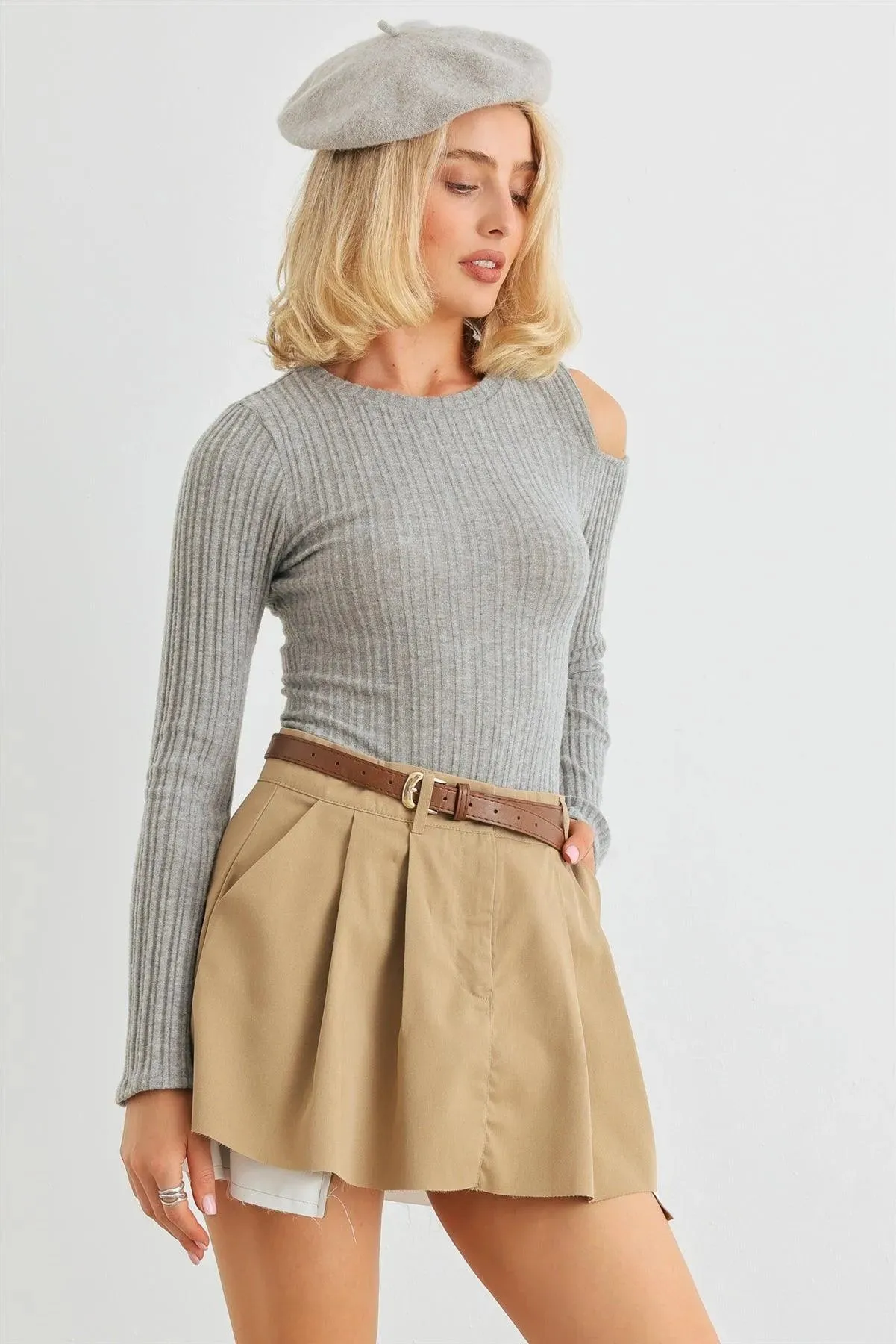 Heather Grey Flannel Ribbed Bell Sleeve Cold Shoulder Bodysuit /3-2-1