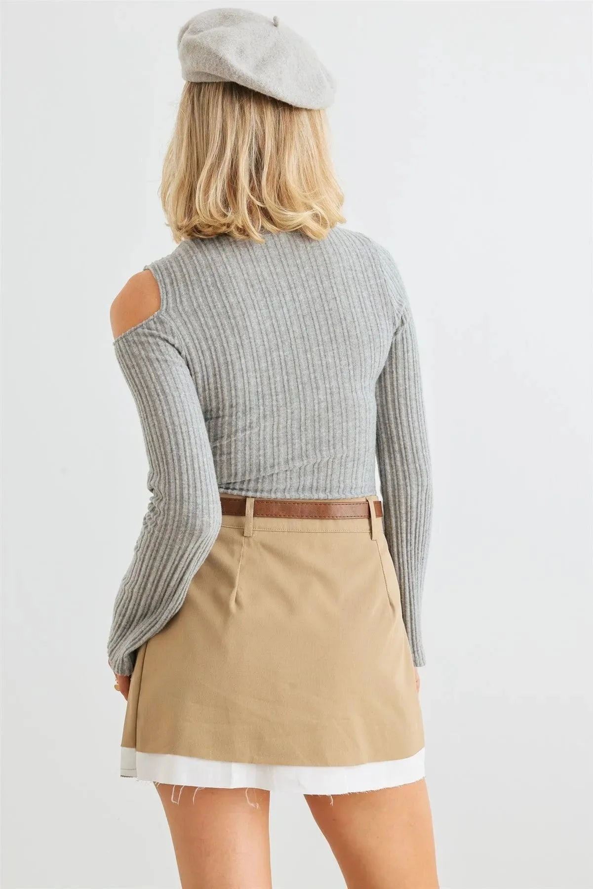 Heather Grey Flannel Ribbed Bell Sleeve Cold Shoulder Bodysuit /3-2-1