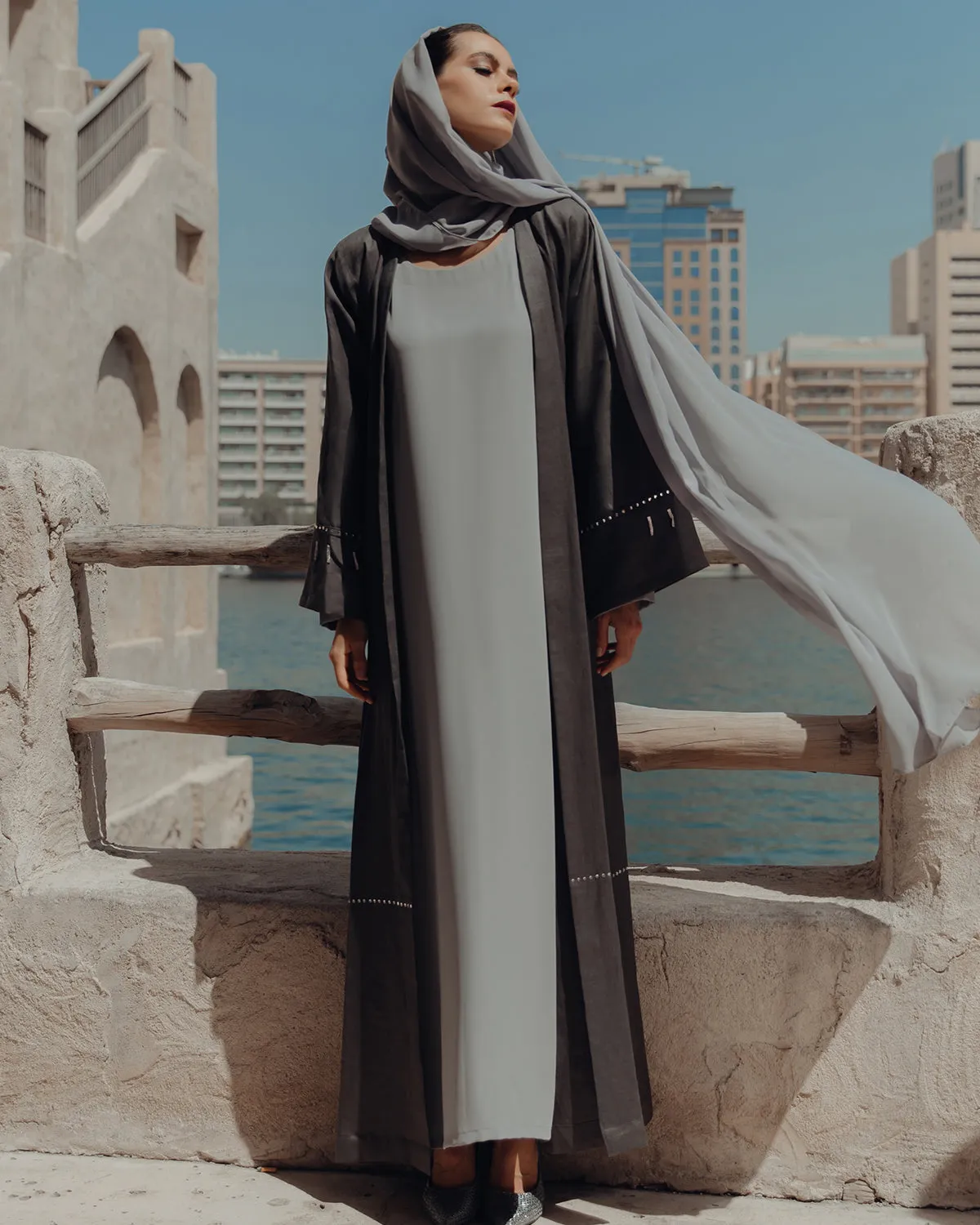 Kimono Abaya in Linen with Hanging Crystals