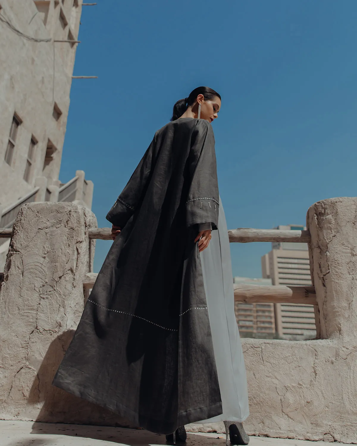 Kimono Abaya in Linen with Hanging Crystals