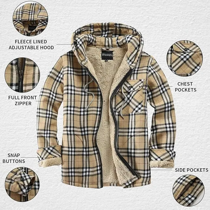 Men's Sherpa Black & Yellow Plaid Hooded Long Sleeve Jacket