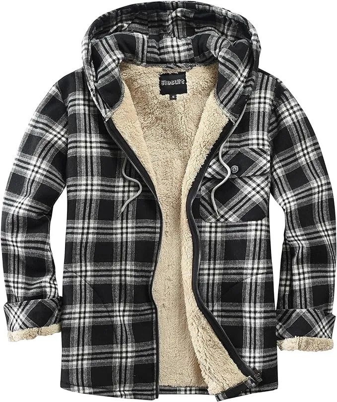 Men's Sherpa Black & Yellow Plaid Hooded Long Sleeve Jacket