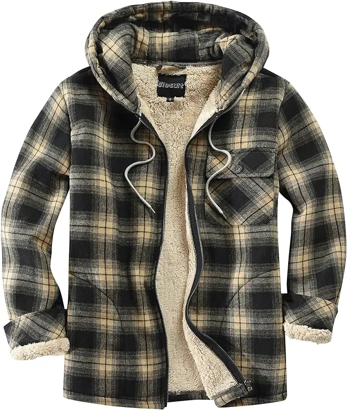 Men's Sherpa Black & Yellow Plaid Hooded Long Sleeve Jacket