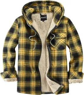Men's Sherpa Black & Yellow Plaid Hooded Long Sleeve Jacket